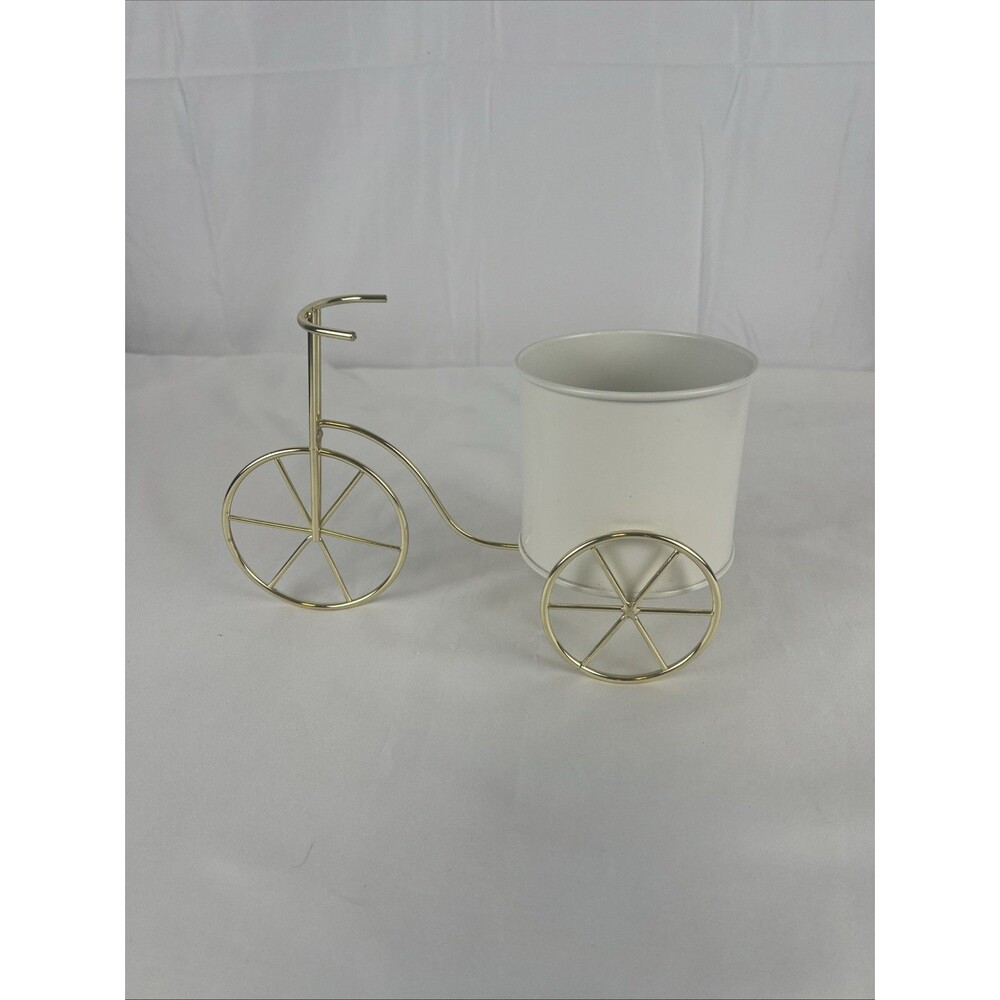 Gold Metal Bicycle Tabletop Planter with White Pot Decorative Bike Flower Holder